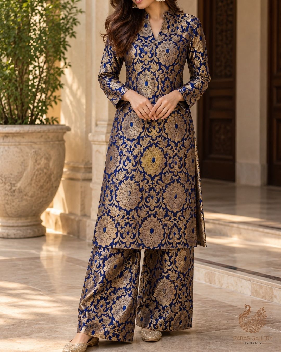 Navy Blue Banarasi Brocade Fabric With All Over Thread And Zari Handloom 23865