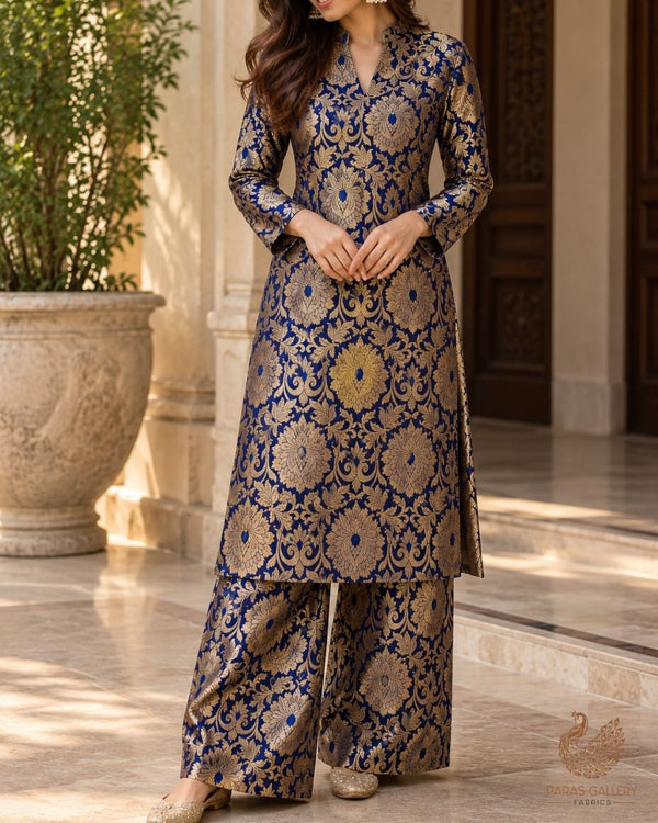 Navy Blue Banarasi Brocade Fabric With All Over Thread And Zari Handloom 23865