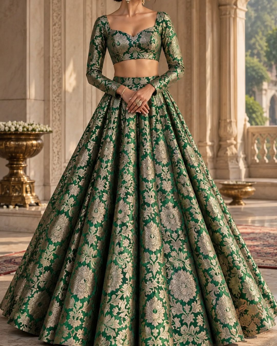Rama Green Banarasi Brocade Fabric With All Over Thread And Zari Handloom 23867