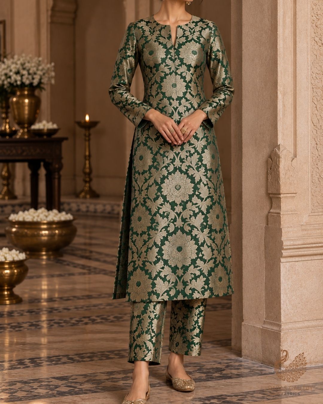 Rama Green Banarasi Brocade Fabric With All Over Thread And Zari Handloom 23867