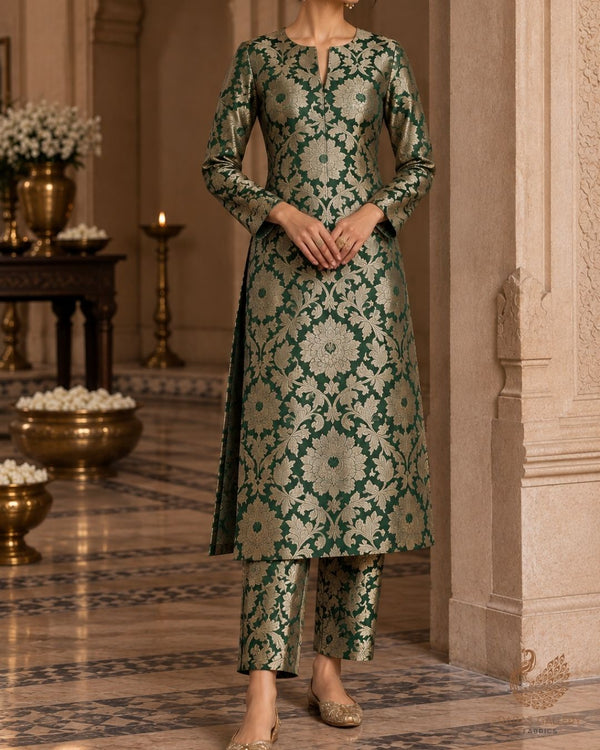 Rama Green Banarasi Brocade Fabric With All Over Thread And Zari Handloom 23867