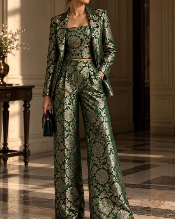 Rama Green Banarasi Brocade Fabric With All Over Thread And Zari Handloom 23867