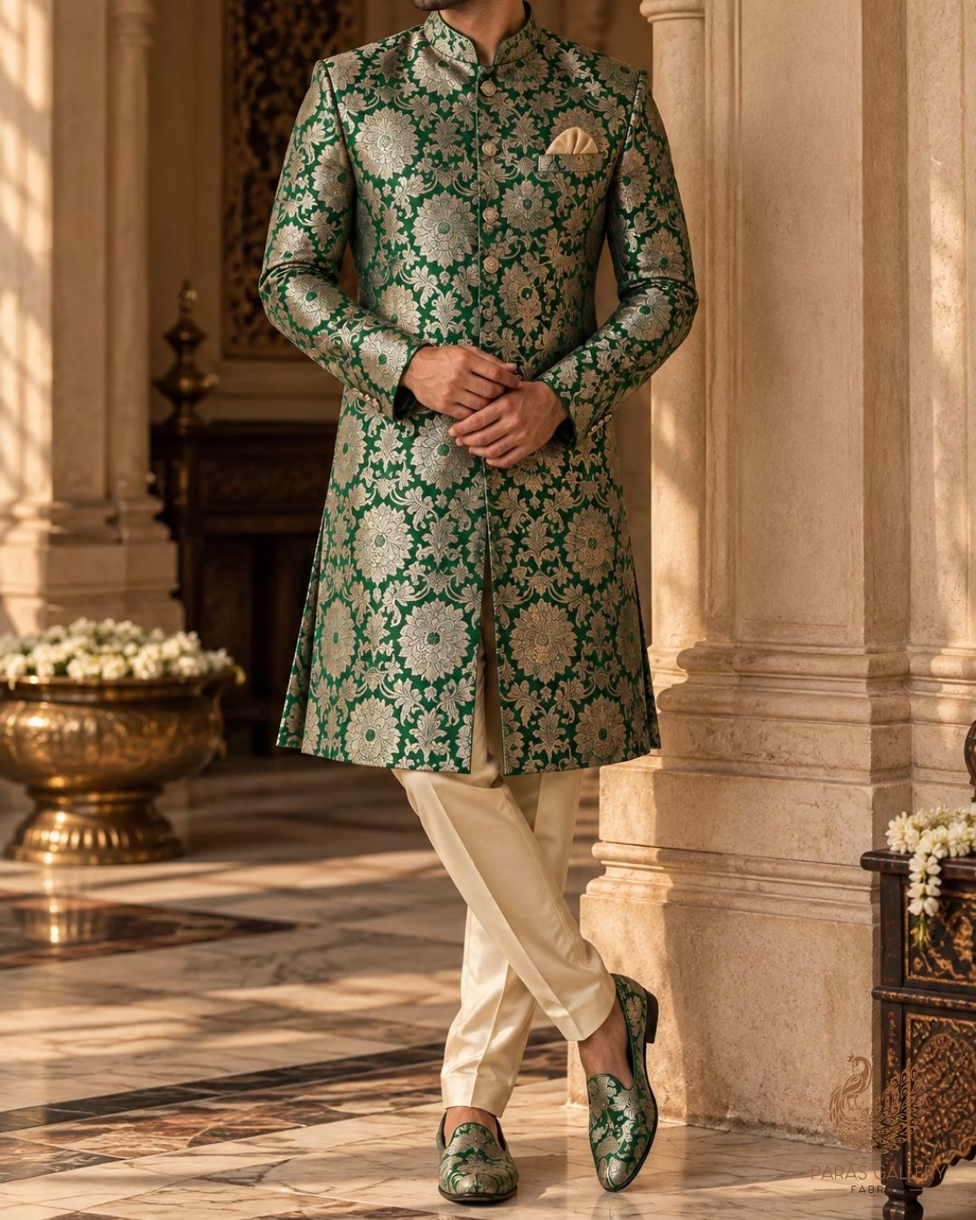Rama Green Banarasi Brocade Fabric With All Over Thread And Zari Handloom 23867