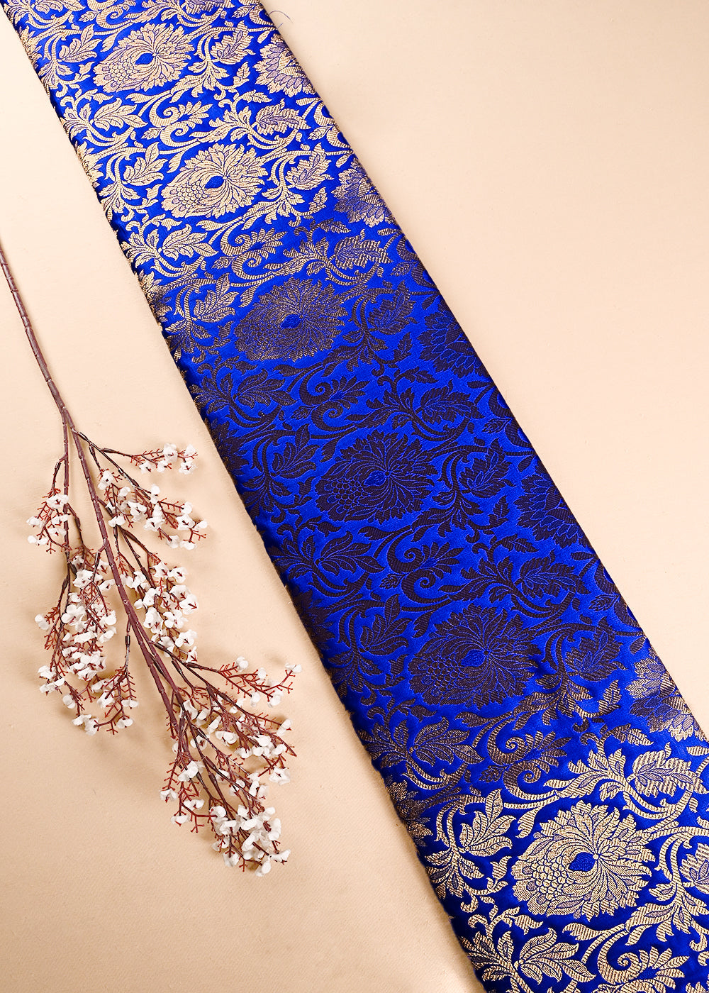 Royal Blue Banarasi Brocade Fabric With All Over Thread And Zari Handloom 23869