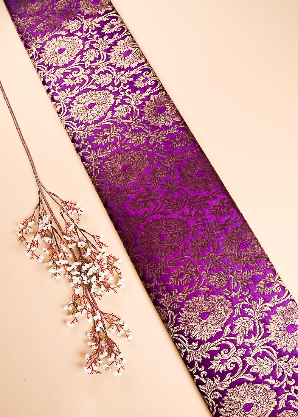 Purple Banarasi Brocade Fabric With All Over Thread And Zari Handloom 23872