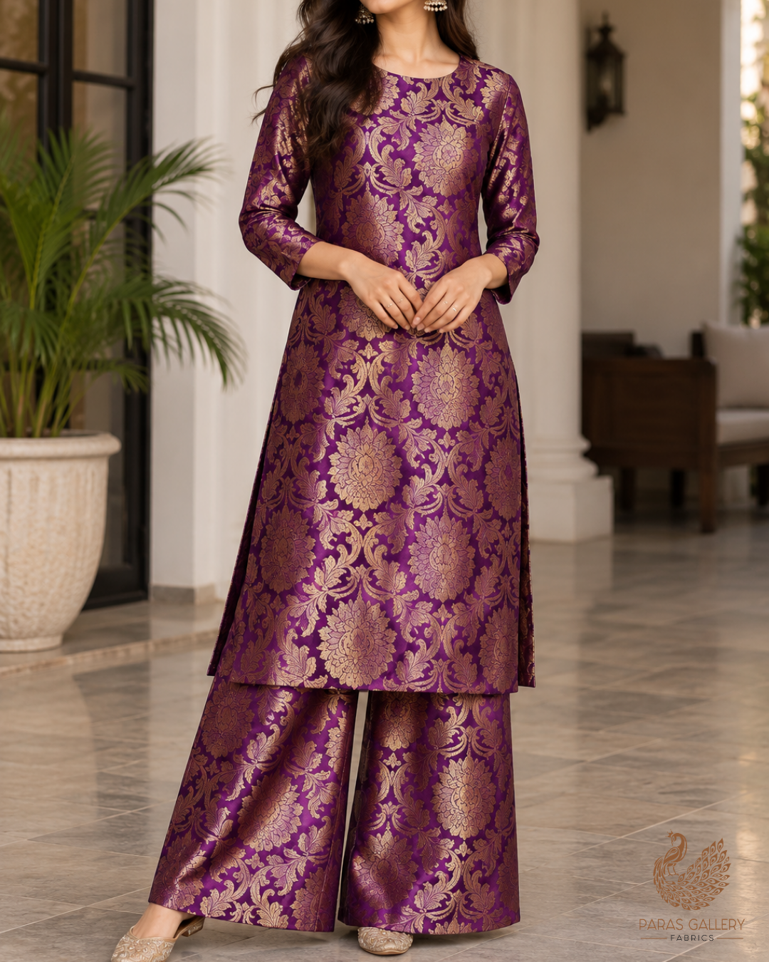 Purple Banarasi Brocade Fabric With All Over Thread And Zari Handloom 23872