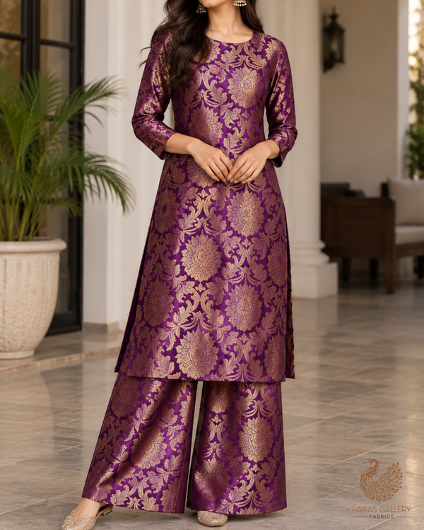 Purple Banarasi Brocade Fabric With All Over Thread And Zari Handloom 23872