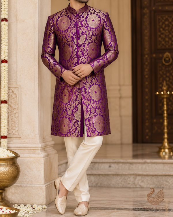 Purple Banarasi Brocade Fabric With All Over Thread And Zari Handloom 23872
