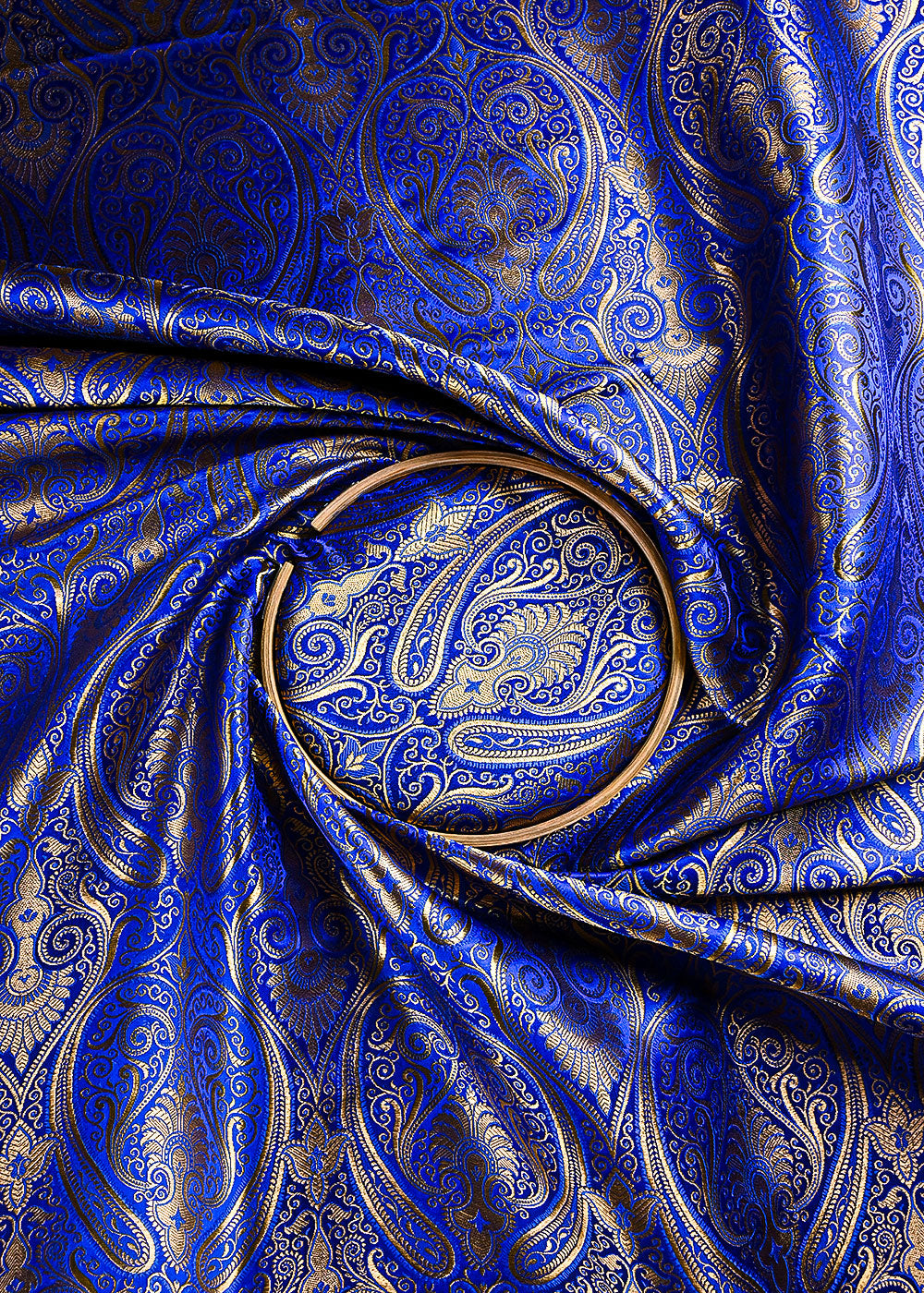 Royal Blue Banarasi Brocade Fabric With All Over Thread And Golden Zari Handloom 23875