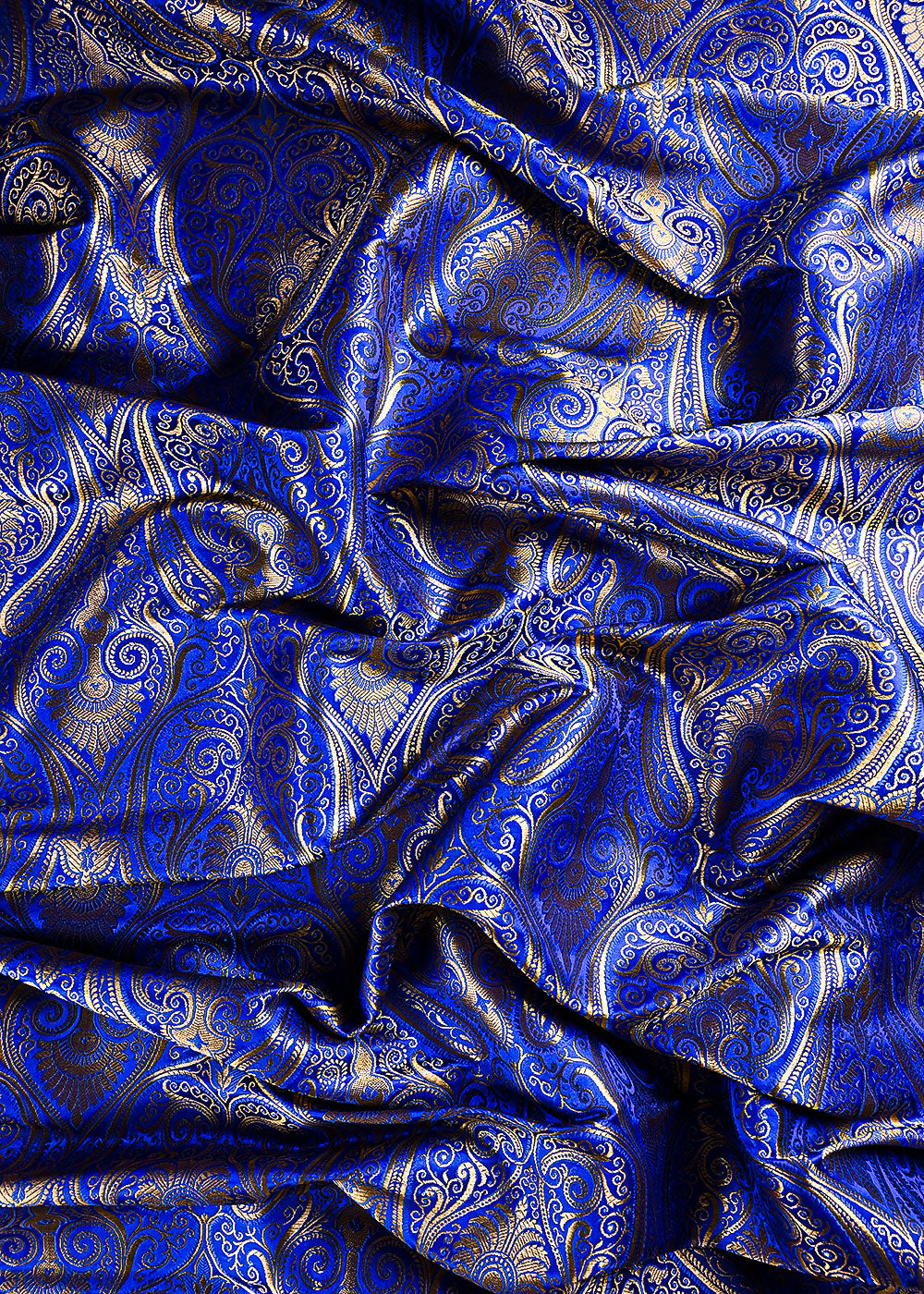 Royal Blue Banarasi Brocade Fabric With All Over Thread And Golden Zari Handloom 23875