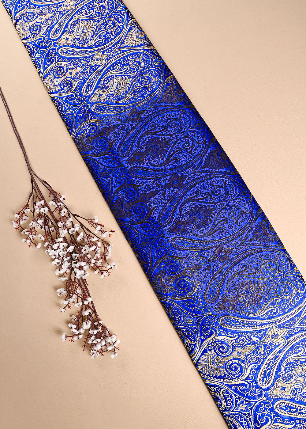 Royal Blue Banarasi Brocade Fabric With All Over Thread And Golden Zari Handloom 23875