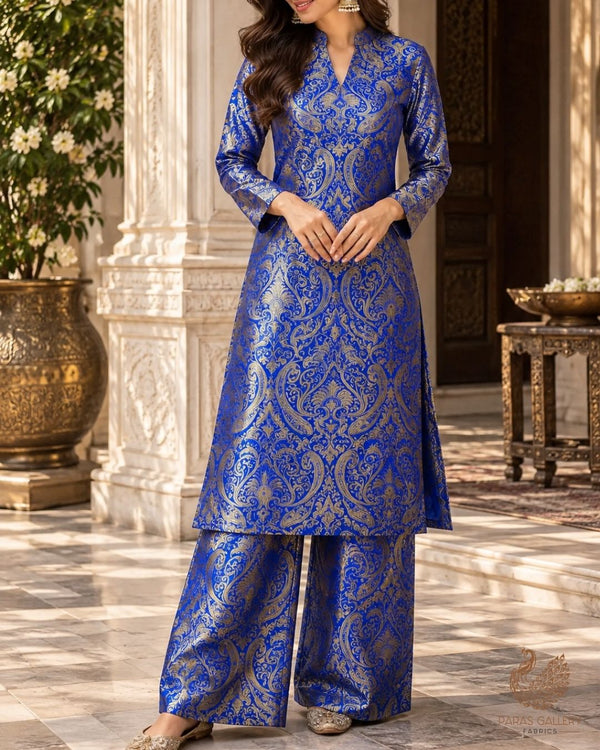 Royal Blue Banarasi Brocade Fabric With All Over Thread And Zari Handloom 24250