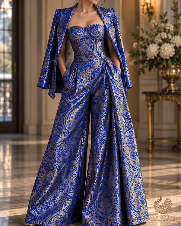 Royal Blue Banarasi Brocade Fabric With All Over Thread And Zari Handloom 24250