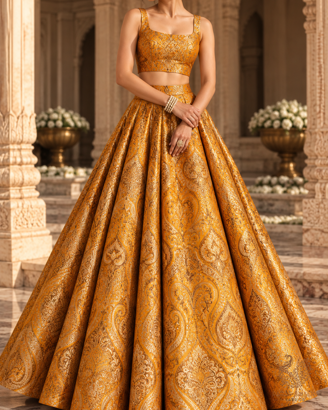 Yellow Banarasi Brocade Fabric With All Over Thread And Golden Zari Handloom 23876