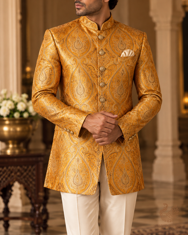 Yellow Banarasi Brocade Fabric With All Over Thread And Golden Zari Handloom 23876
