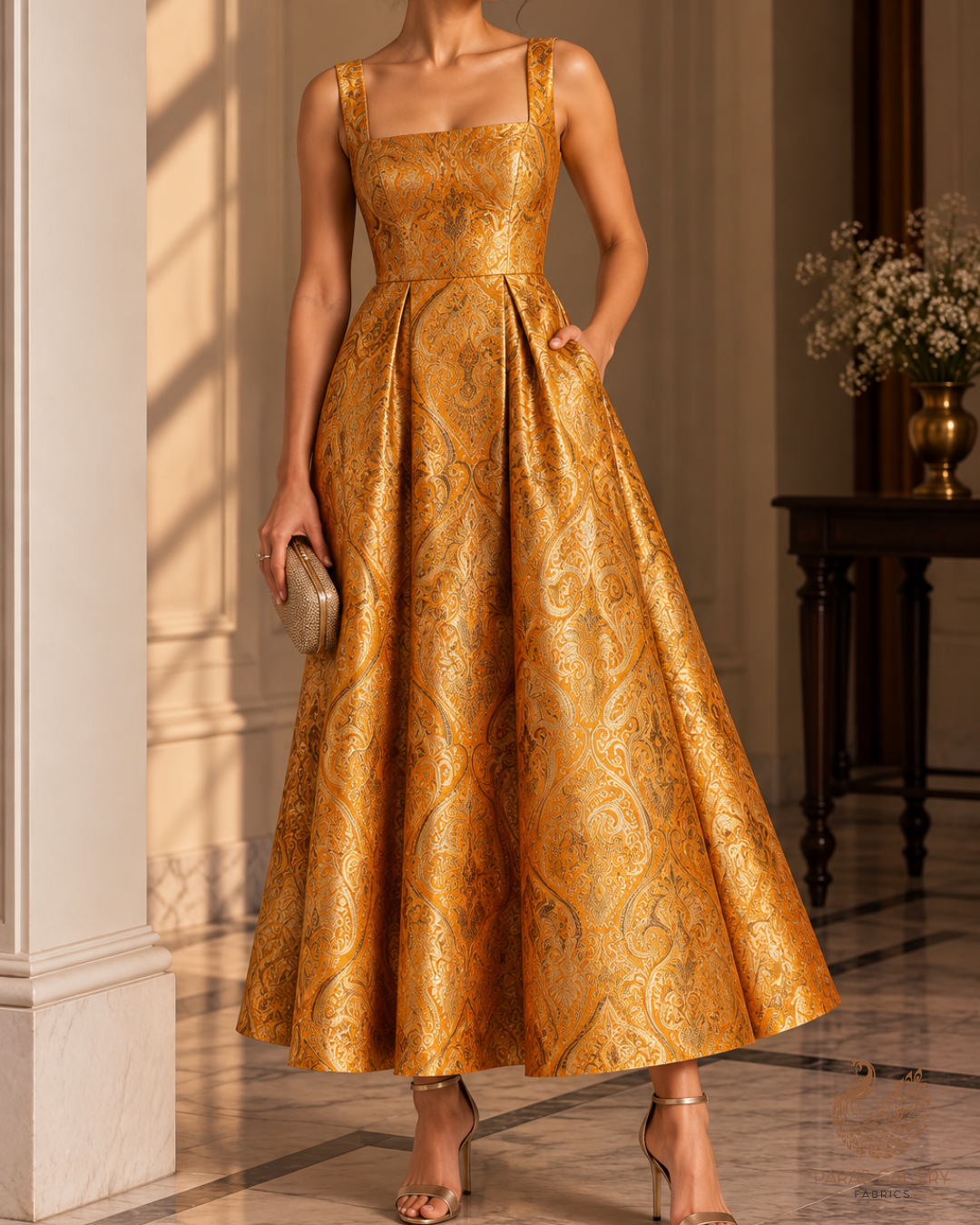 Yellow Banarasi Brocade Fabric With All Over Thread And Golden Zari Handloom 23876