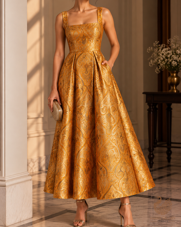 Yellow Banarasi Brocade Fabric With All Over Thread And Golden Zari Handloom 23876