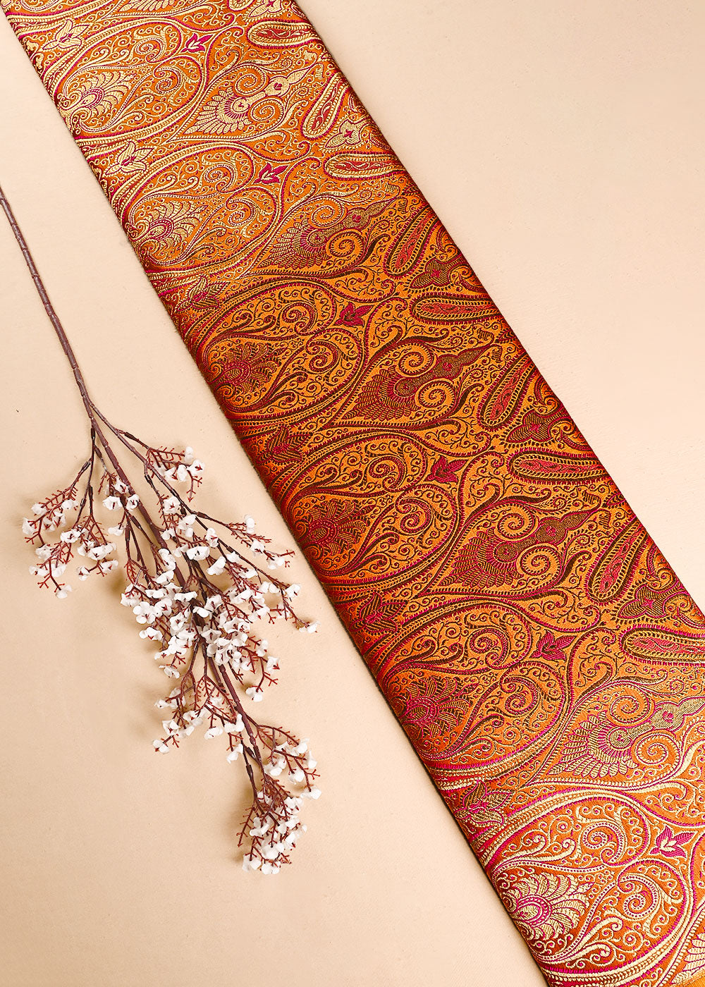 Mustard Banarasi Brocade Fabric With All Over Thread And Golden Zari Handloom 23877