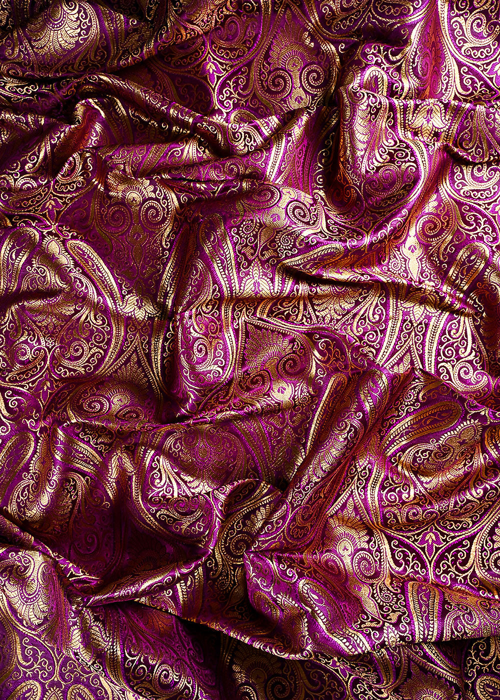 Purple Banarasi Brocade Fabric With All Over Thread And Golden Zari Handloom 23878