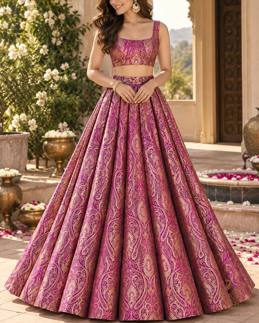 Purple Banarasi Brocade Fabric With All Over Thread And Golden Zari Handloom 23878