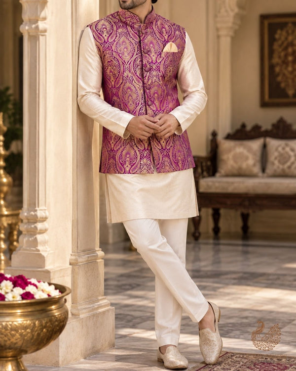 Purple Banarasi Brocade Fabric With All Over Thread And Golden Zari Handloom 23878
