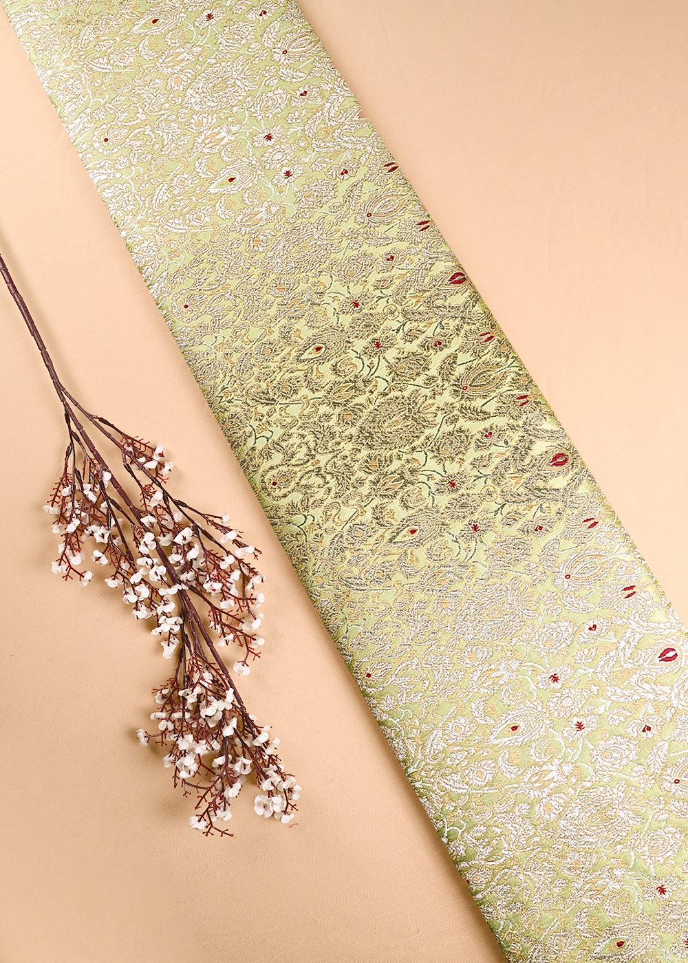 Pista Green Banarasi Brocade Fabric With All Over Thread And Zari Handloom 23881