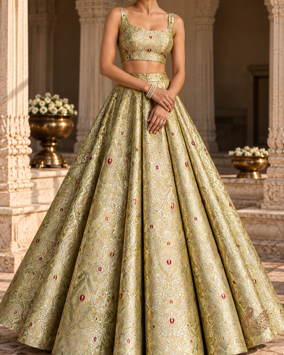 Pista Green Banarasi Brocade Fabric With All Over Thread And Zari Handloom 23881
