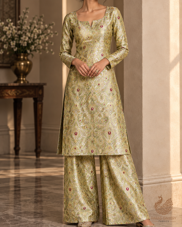 Pista Green Banarasi Brocade Fabric With All Over Thread And Zari Handloom 23881