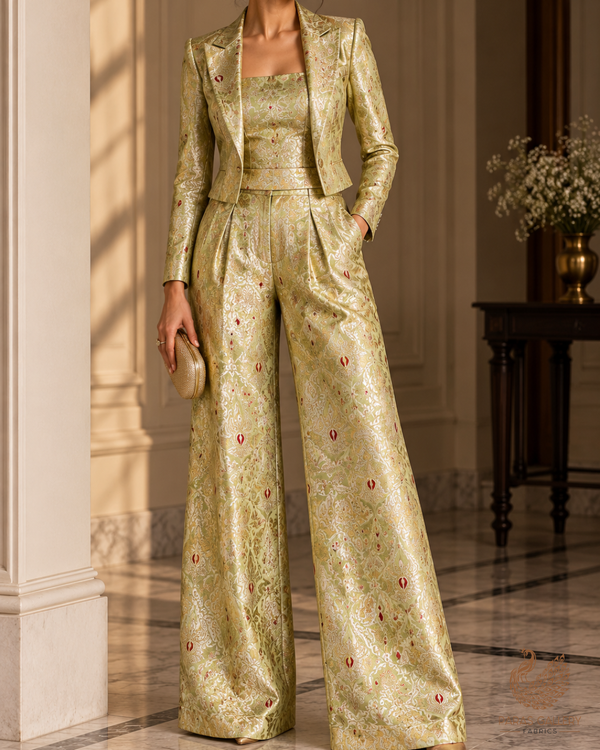 Pista Green Banarasi Brocade Fabric With All Over Thread And Zari Handloom 23881