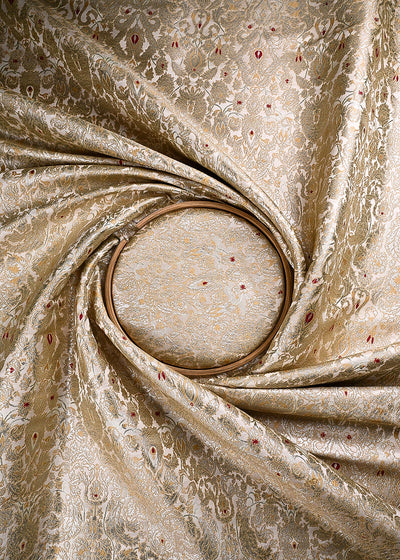 Off White Banarasi Brocade Fabric With All Over Thread And Zari Handloom 23882
