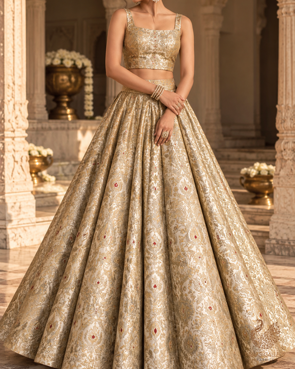 Off White Banarasi Brocade Fabric With All Over Thread And Zari Handloom 23882