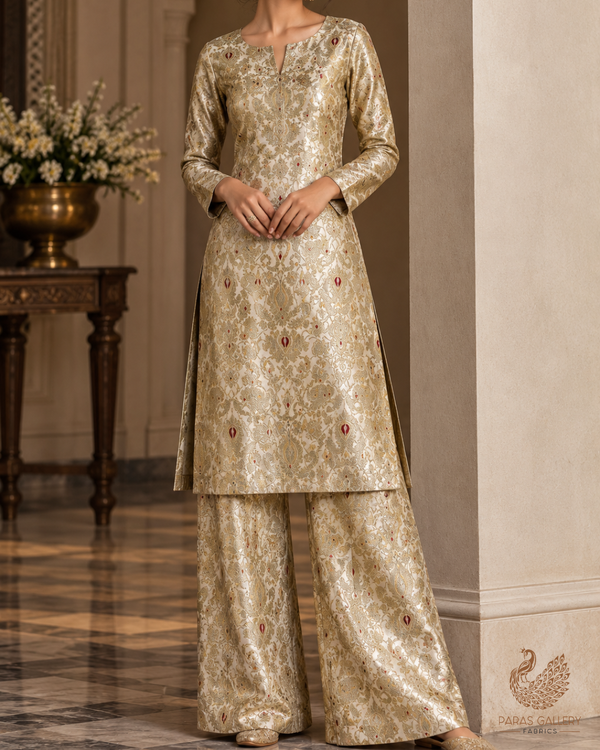 Off White Banarasi Brocade Fabric With All Over Thread And Zari Handloom 23882