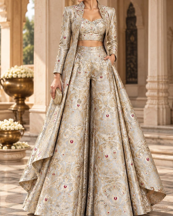Ice Blue Banarasi Brocade Fabric With All Over Thread And Zari Handloom 23883