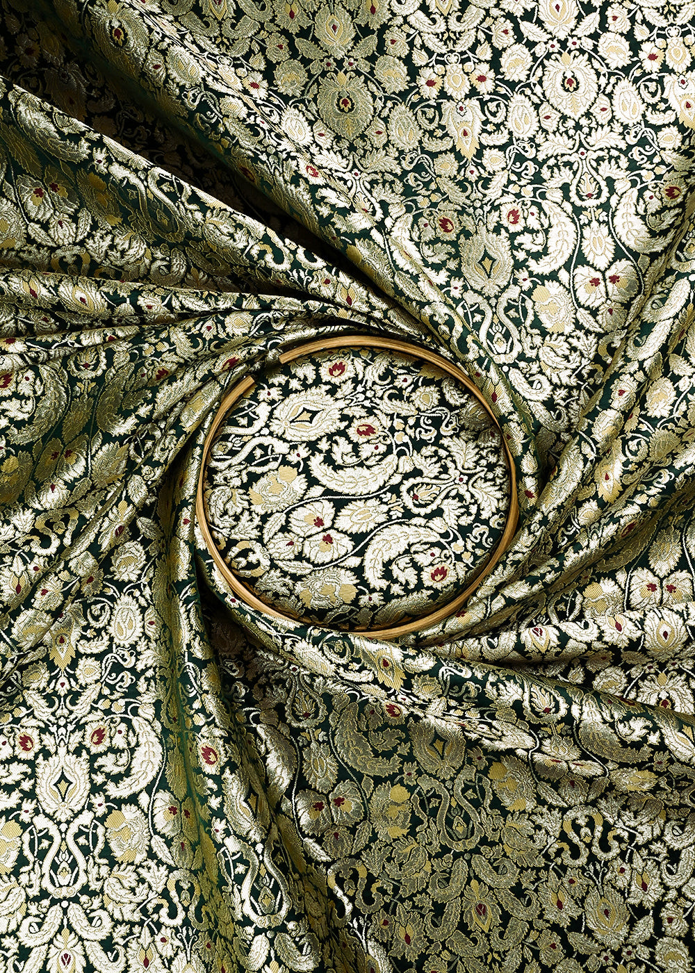 Dark Green Banarasi Brocade Fabric With All Over Thread And Zari Handloom 23884