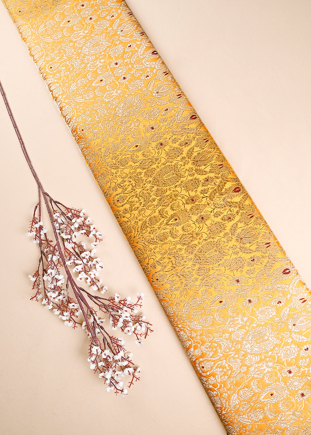 Mustard Banarasi Brocade Fabric With All Over Thread And Zari Handloom 23886