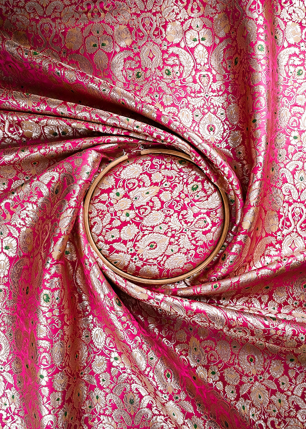 Rani Pink Banarasi Brocade Fabric With All Over Thread And Zari Handloom 23887