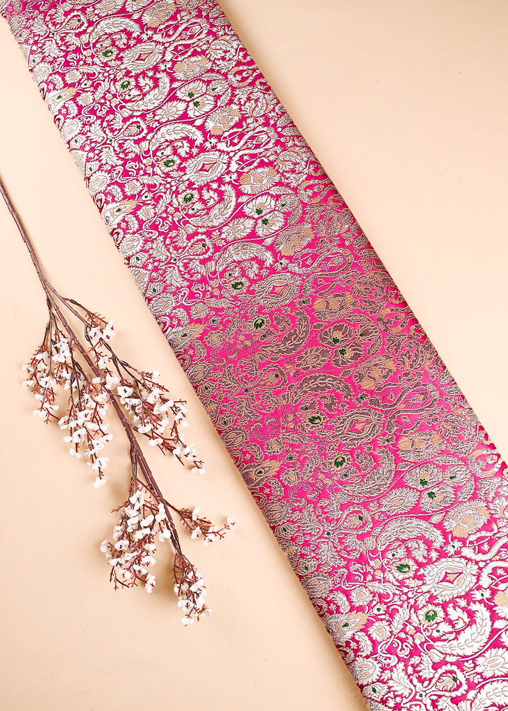 Rani Pink Banarasi Brocade Fabric With All Over Thread And Zari Handloom 23887