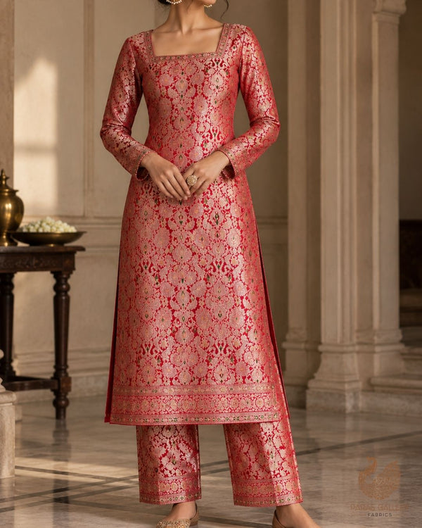 Maroon Banarasi Brocade Fabric With All Over Thread And Zari Handloom 23888