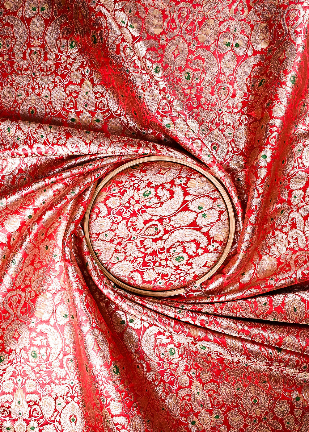 Red Banarasi Brocade Fabric With All Over Thread And Zari Handloom 23890