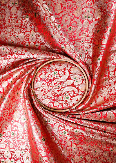 Red Banarasi Brocade Fabric With All Over Thread And Zari Handloom 23890