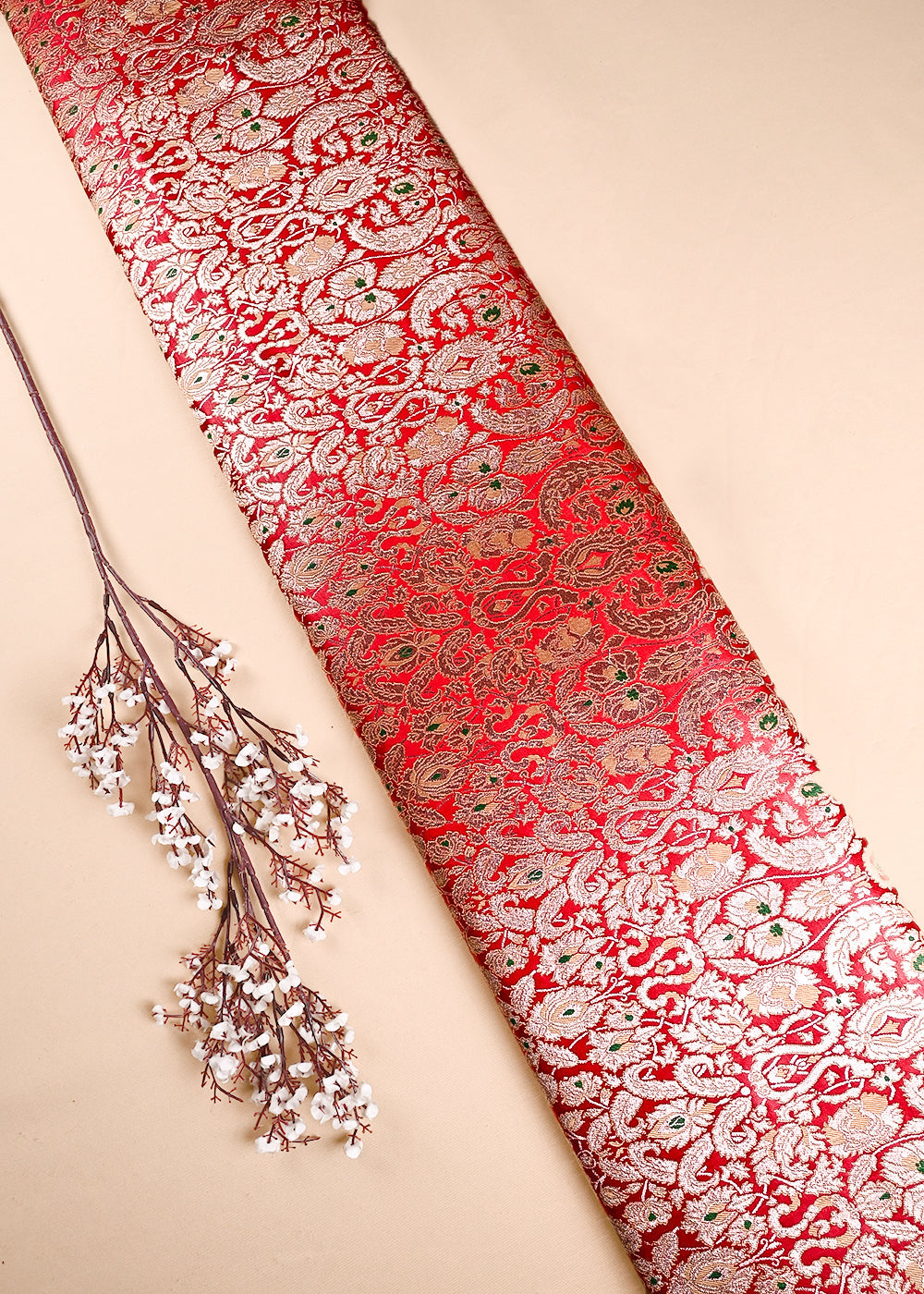 Red Banarasi Brocade Fabric With All Over Thread And Zari Handloom 23890