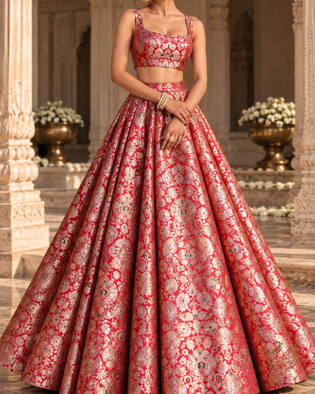 Red Banarasi Brocade Fabric With All Over Thread And Zari Handloom 23890