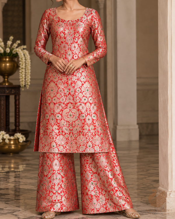 Red Banarasi Brocade Fabric With All Over Thread And Zari Handloom 23890