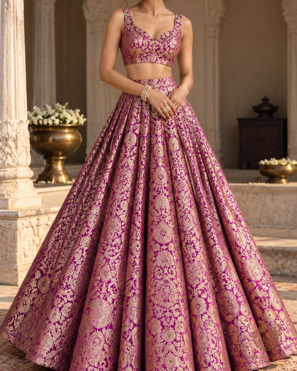 Purple Banarasi Brocade Fabric With All Over Thread And Zari Handloom 23891