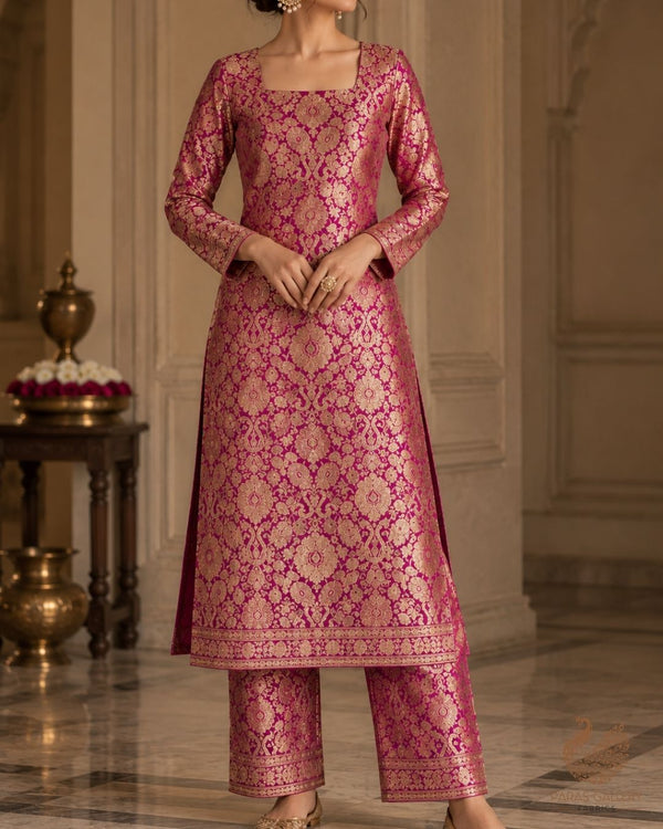Purple Banarasi Brocade Fabric With All Over Thread And Zari Handloom 23891