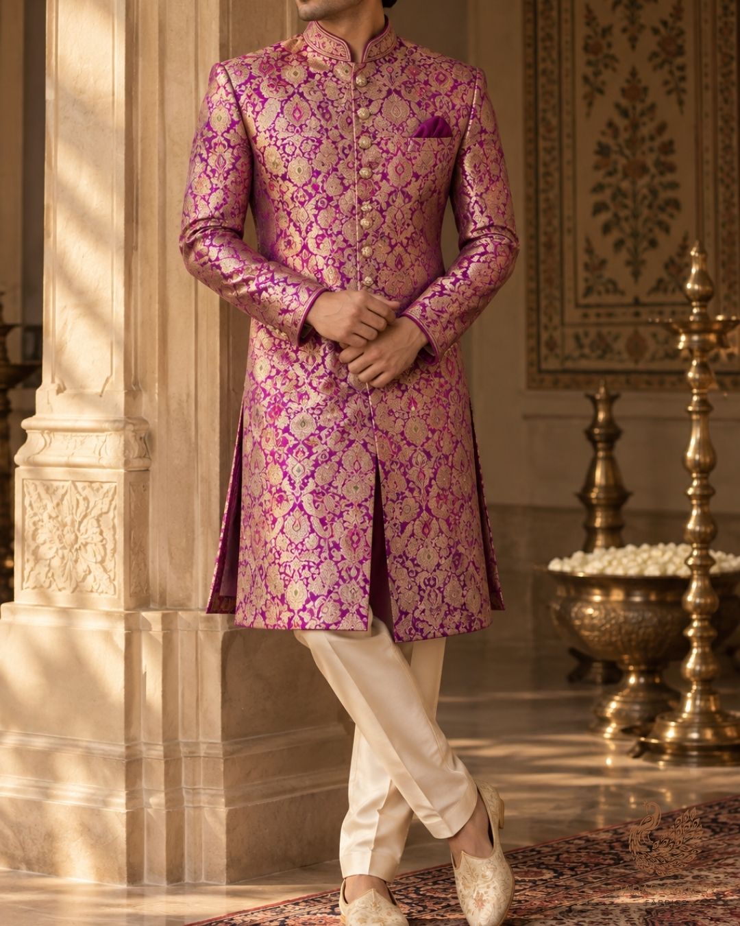 Purple Banarasi Brocade Fabric With All Over Thread And Zari Handloom 23891