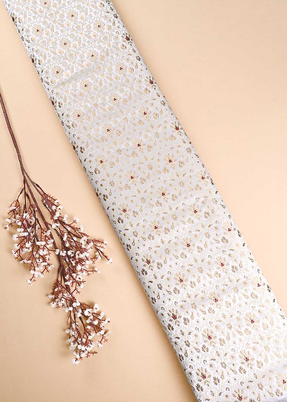 White Banarasi Brocade Fabric With All Over Thread And Zari Handloom 23892