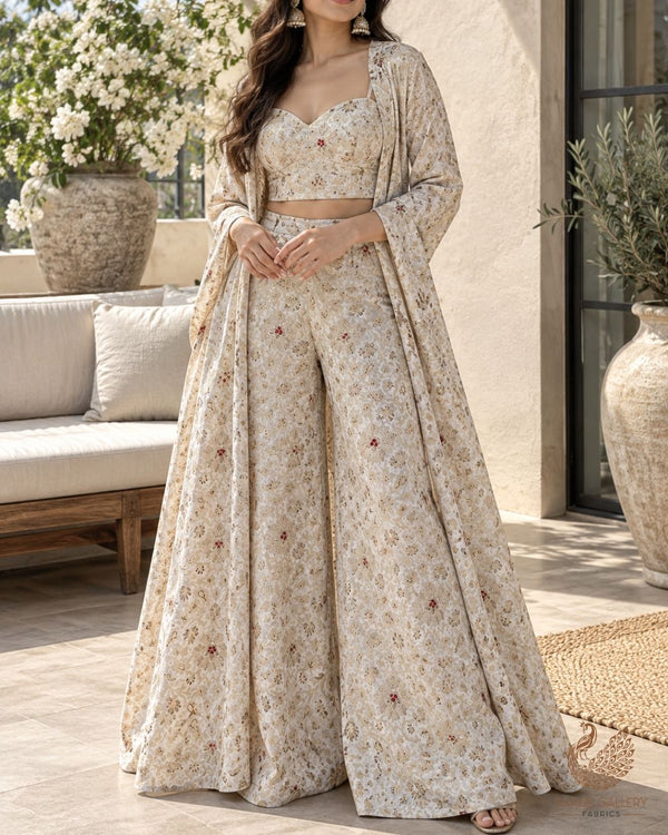 White Banarasi Brocade Fabric With All Over Thread And Zari Handloom 23892