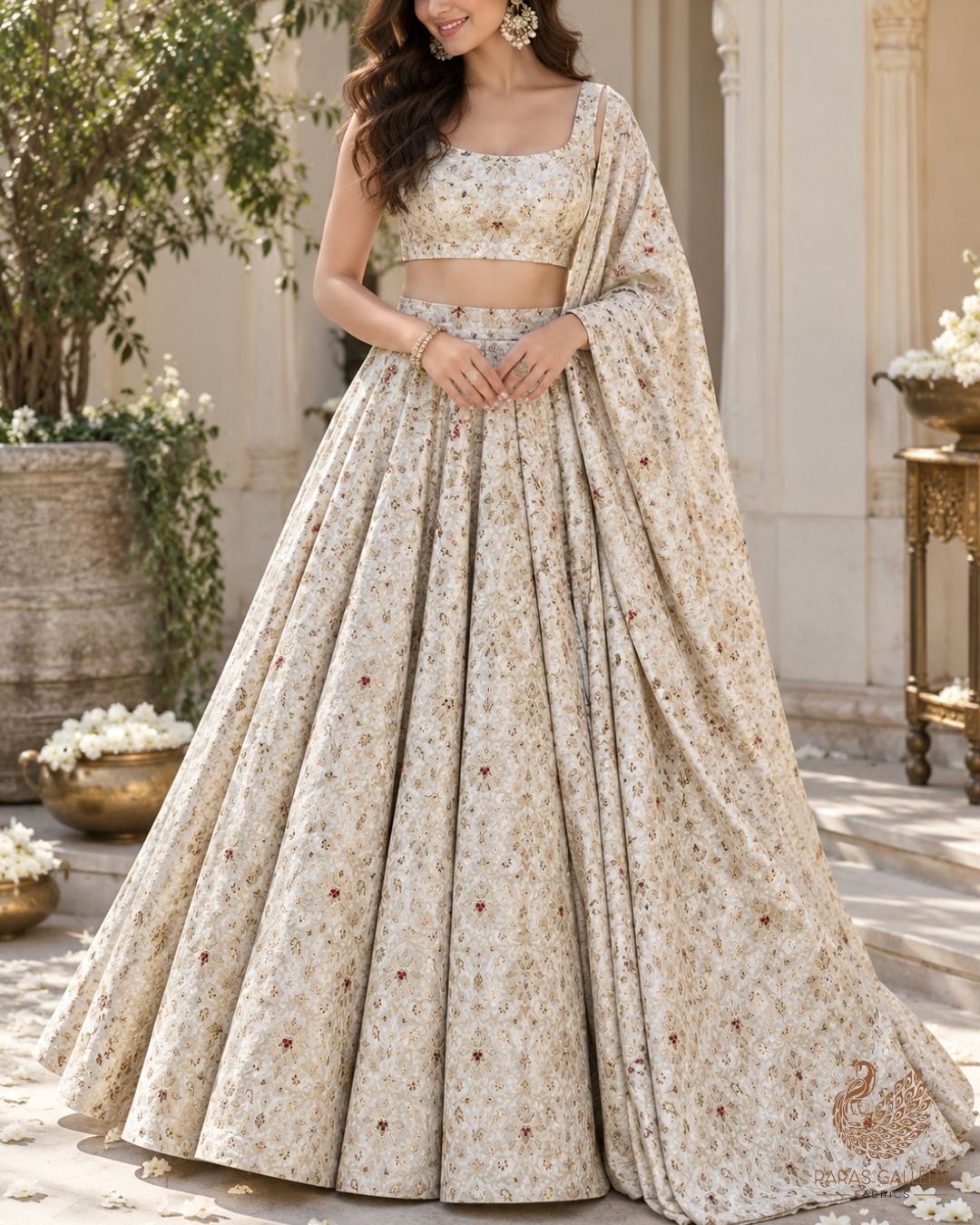 White Banarasi Brocade Fabric With All Over Thread And Zari Handloom 23892