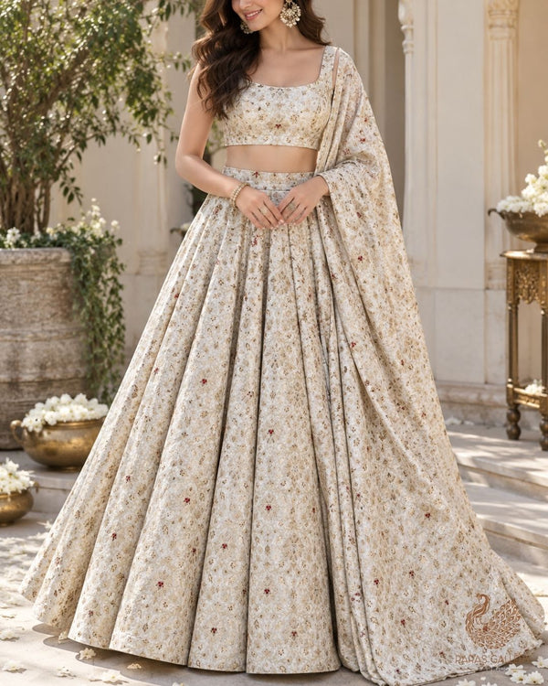 White Banarasi Brocade Fabric With All Over Thread And Zari Handloom 23892
